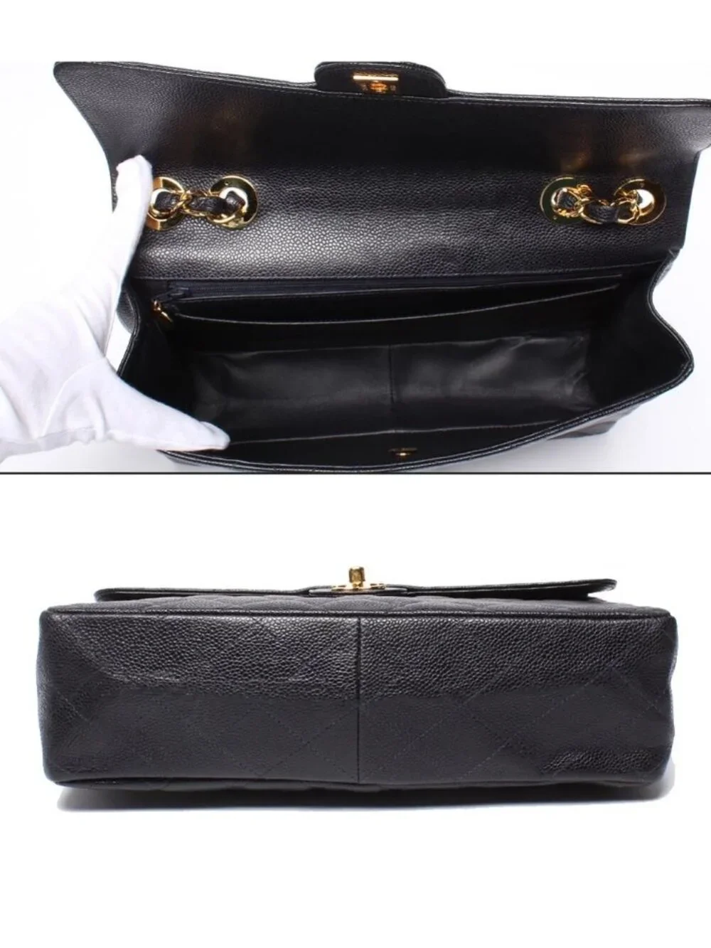 Chanel Chain Shoulder Bag Quilted Caviar Leather Gold Double